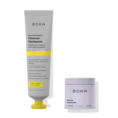 Boka Charcoal Toothpaste and Mouthwash on a white background