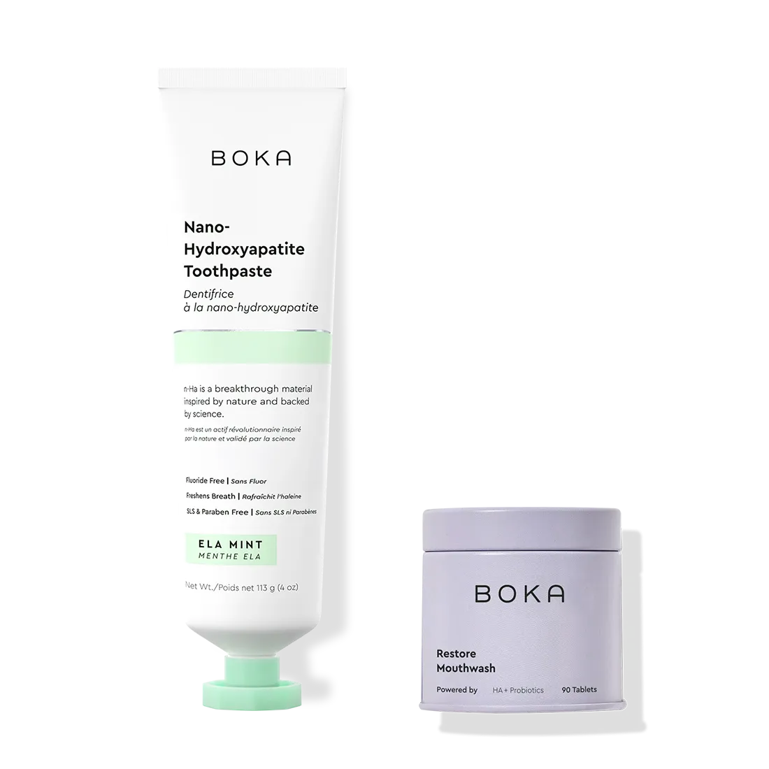 Boka Nano-Hydroxyapatite Toothpaste and Restore Mouthwash on a white background