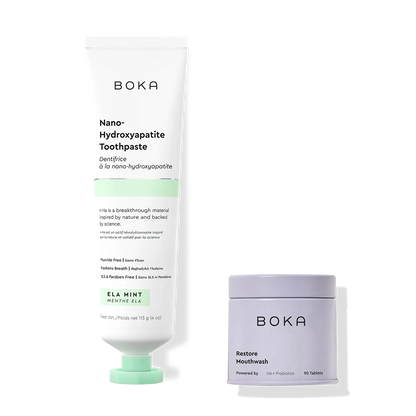 Boka Nano-Hydroxyapatite Toothpaste and Restore Mouthwash on a white background