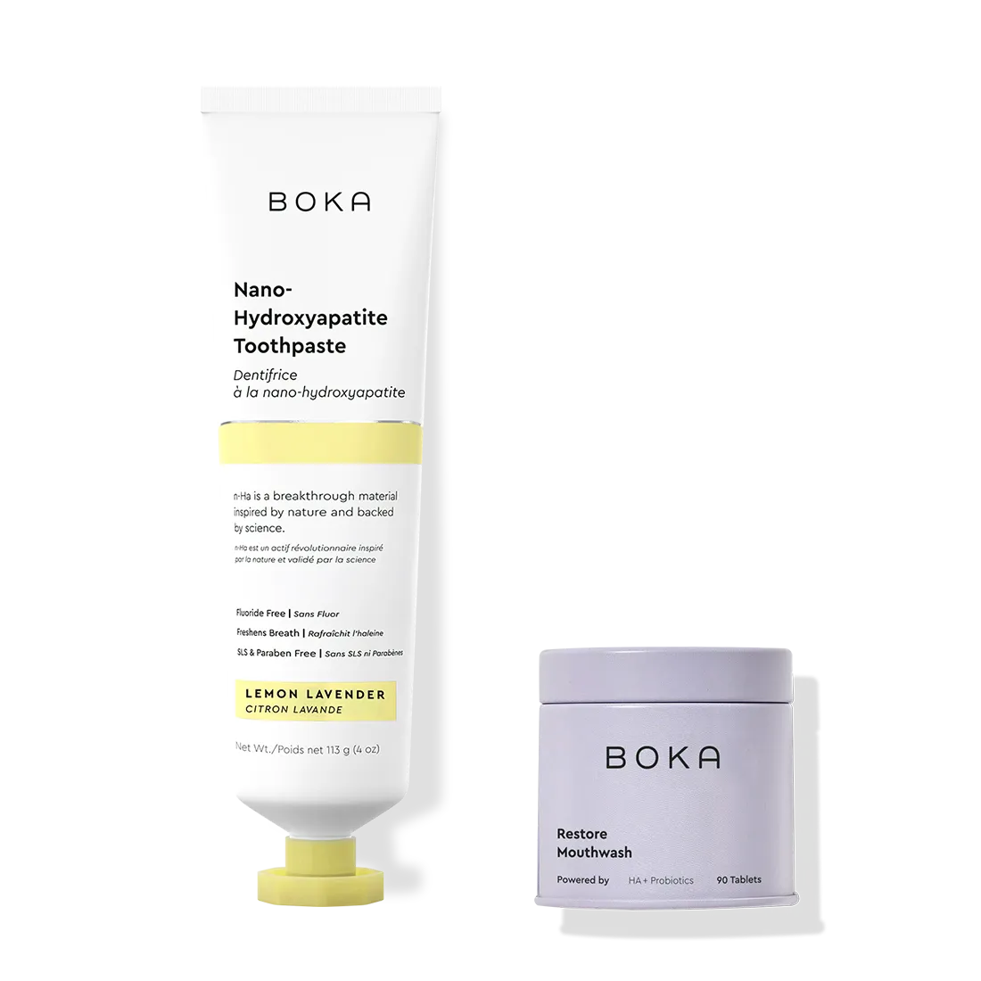 Boka Nano-Hydroxyapatite Toothpaste and Restore Mouthwash on a white background