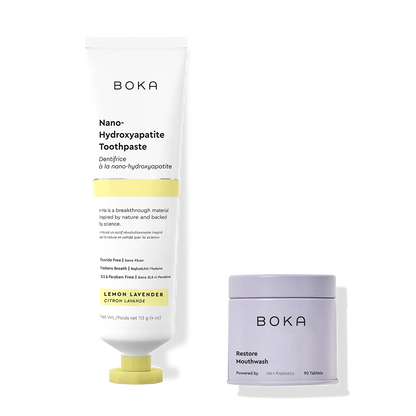 Boka Nano-Hydroxyapatite Toothpaste and Restore Mouthwash on a white background