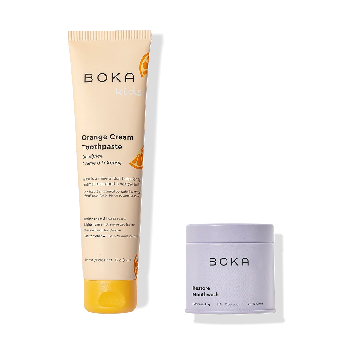 Mighty Duo: kids orange cream nano-hydroxyapatite toothpaste & restore oral microbiome tablets.