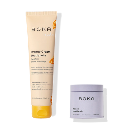 Mighty Duo: kids orange cream nano-hydroxyapatite toothpaste & restore oral microbiome tablets.