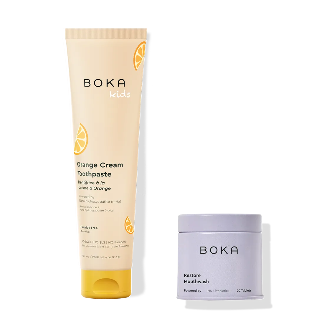 Boka Kids Orange Cream Toothpaste and Restore Mouthwash on a white background