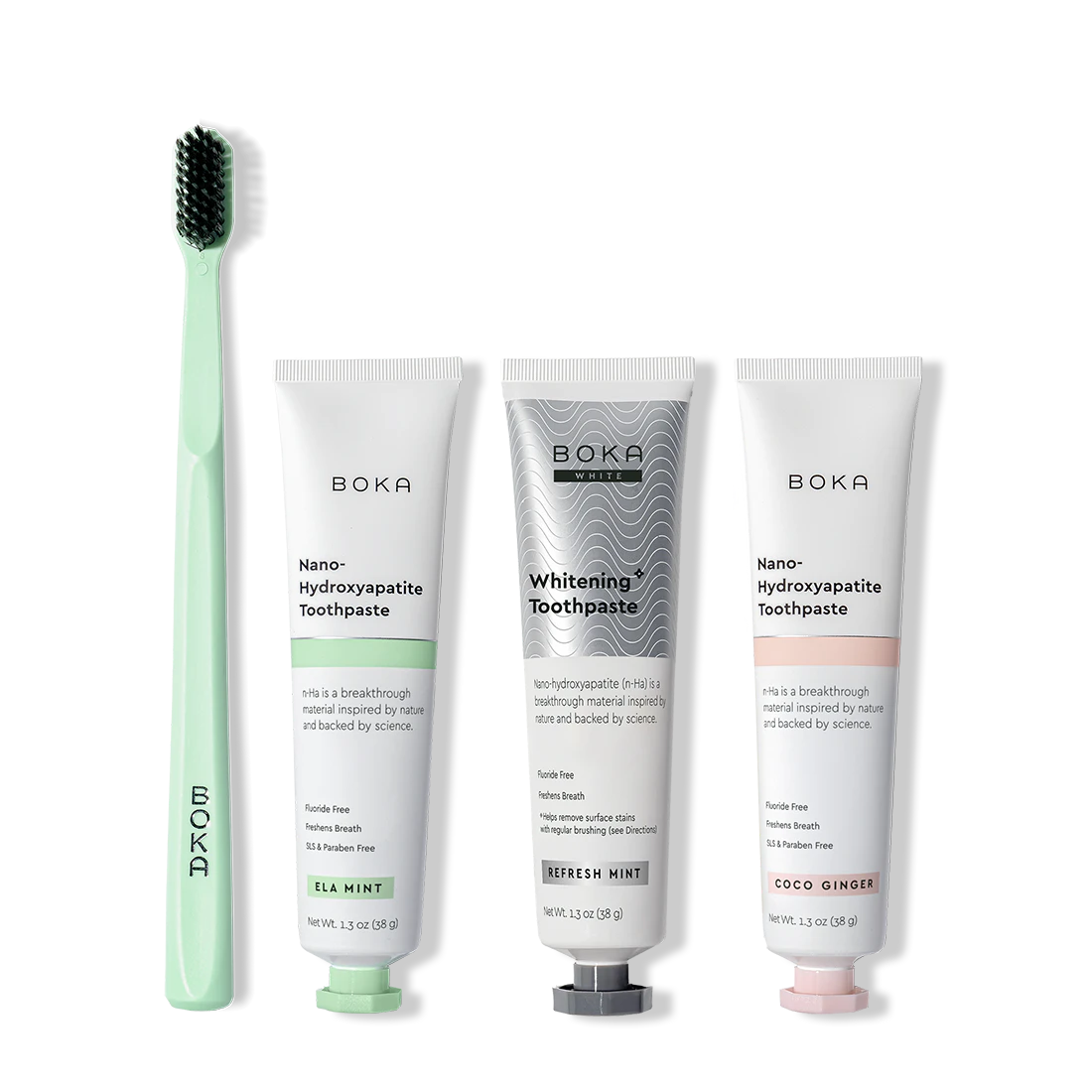 Boka toothpaste and toothbrush on a white background