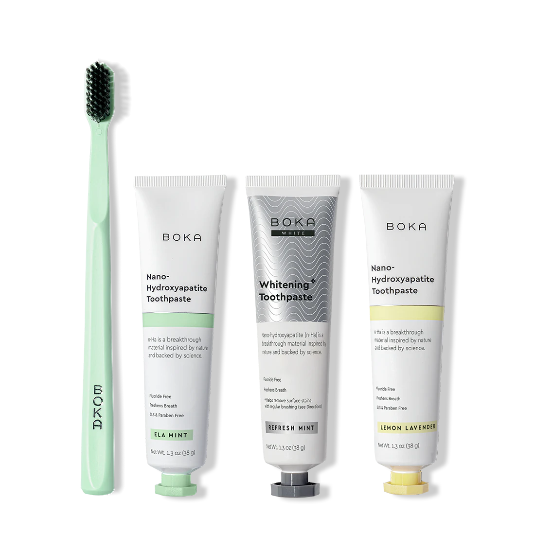 Boka toothpaste and toothbrush on a white background