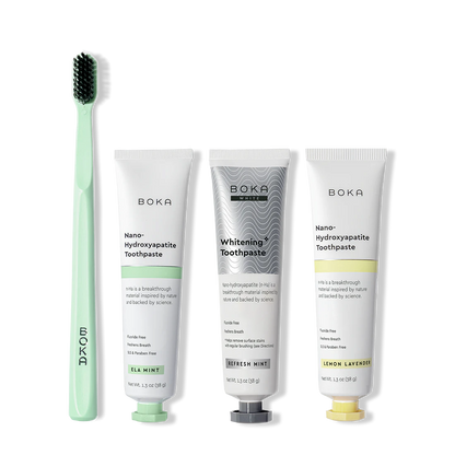 Boka toothpaste and toothbrush on a white background