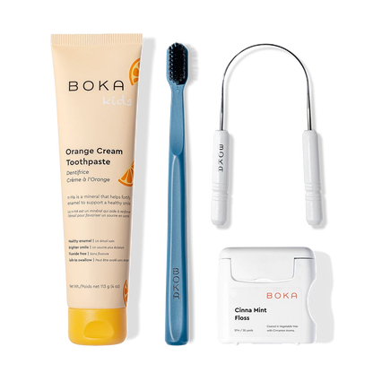 Starter Kit with nano-hydroxyapatite toothpaste, blue charcoal brush, tongue cleaner & Cinna Mint floss.