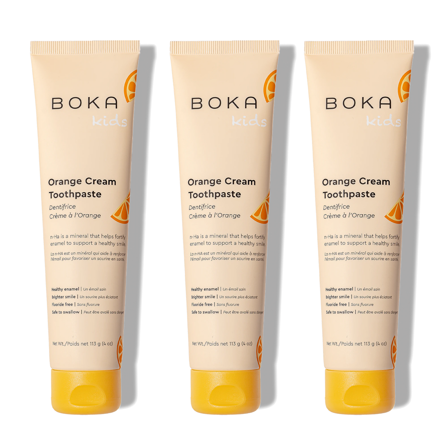 Three bottles of Boka Nano-Hydroxyapatite Toothpaste on a white background
