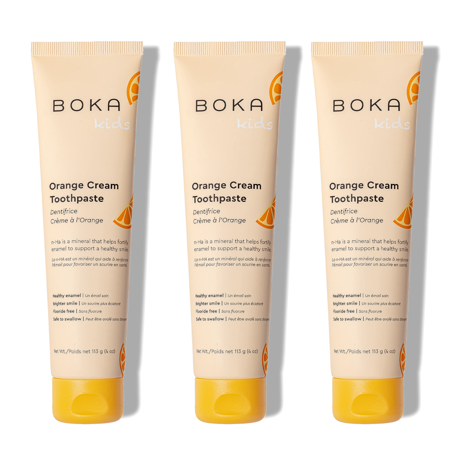 Three bottles of Boka Nano-Hydroxyapatite Toothpaste on a white background