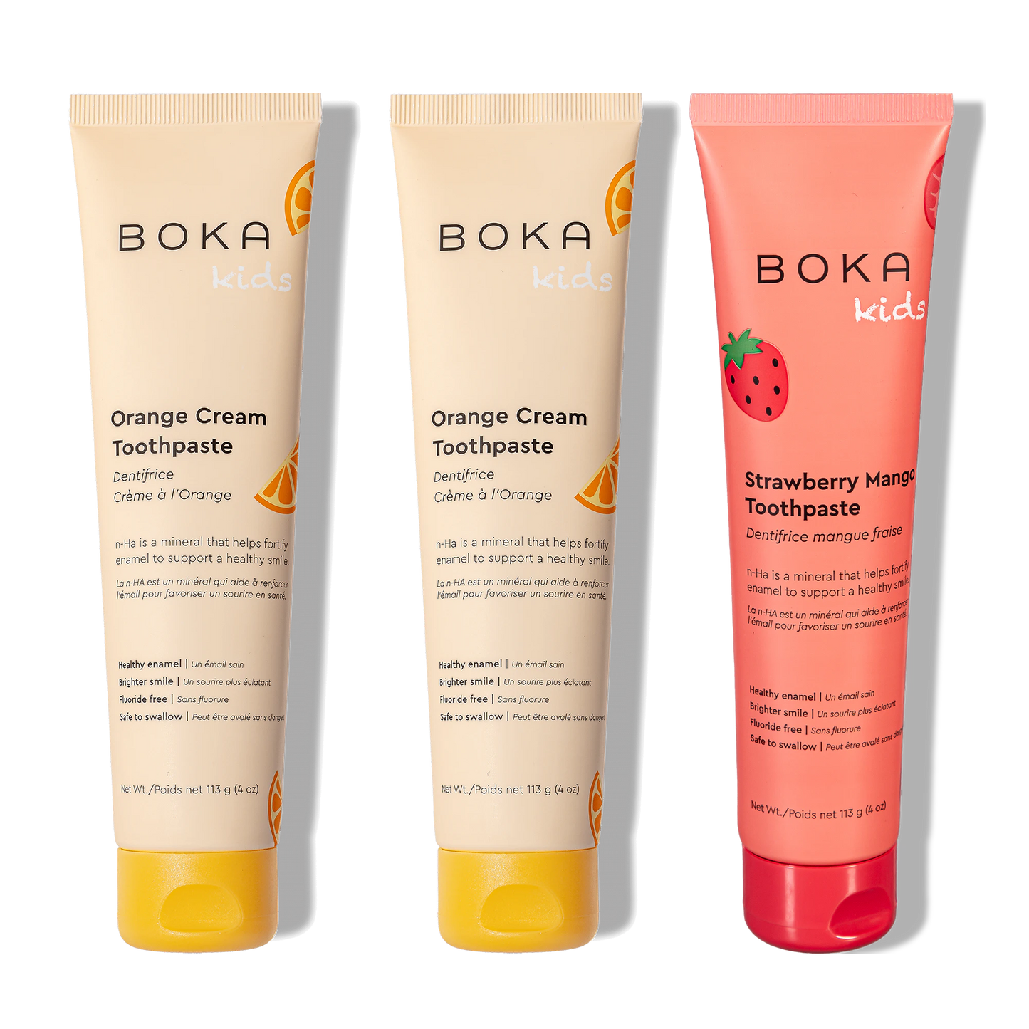 Three bottles of Boka Nano-Hydroxyapatite Toothpaste on a white background