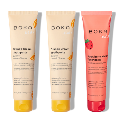 Three bottles of Boka Nano-Hydroxyapatite Toothpaste on a white background