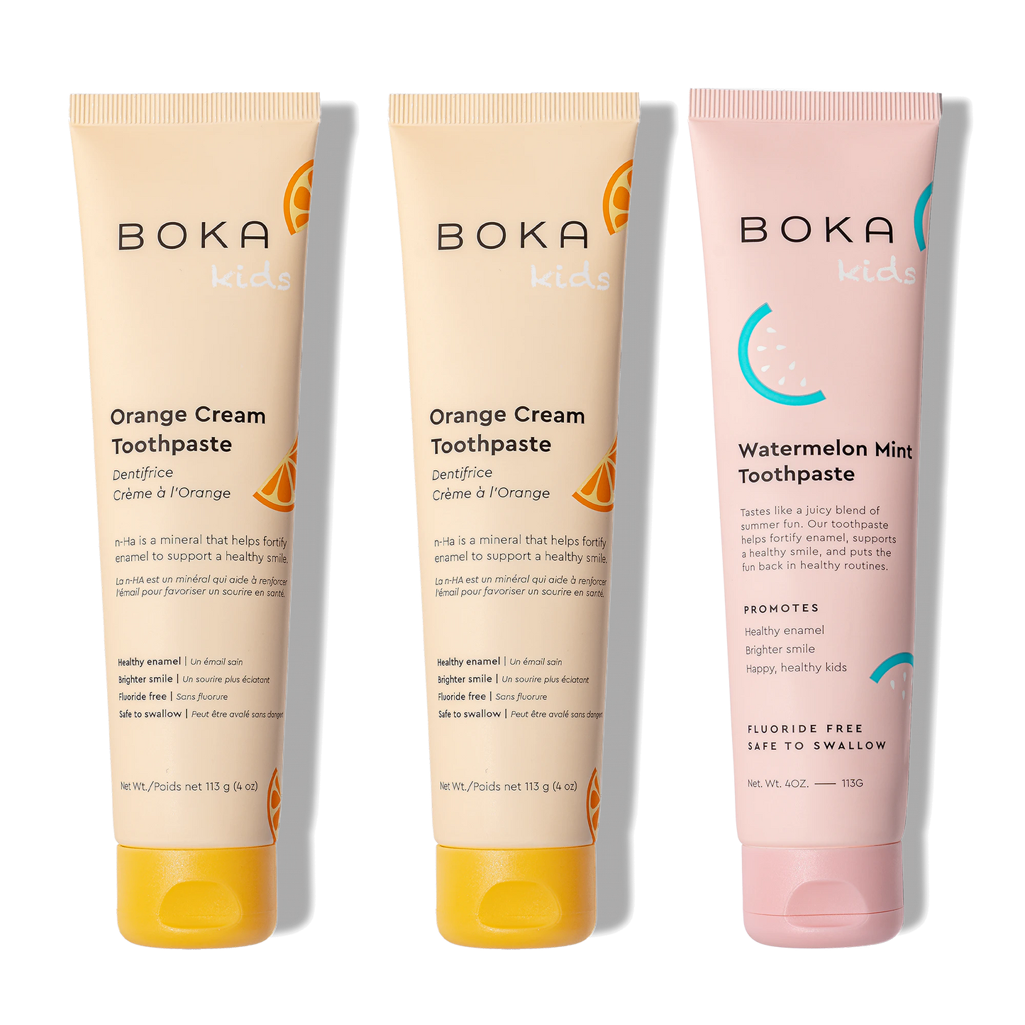 Three bottles of Boka Nano-Hydroxyapatite Toothpaste on a white background