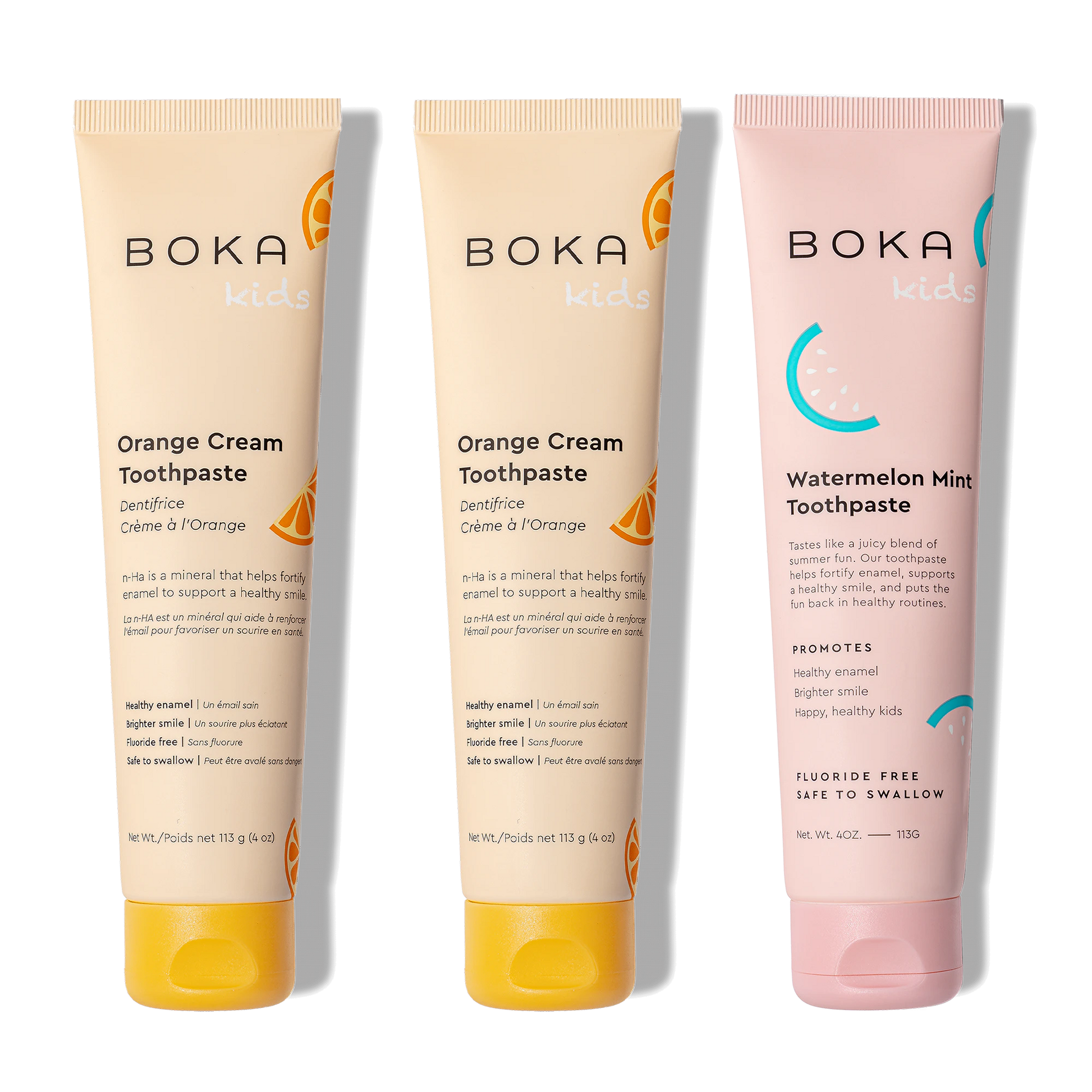 Three bottles of Boka Nano-Hydroxyapatite Toothpaste on a white background