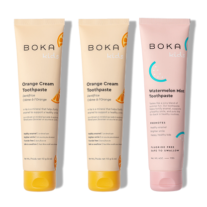 Three bottles of Boka Nano-Hydroxyapatite Toothpaste on a white background
