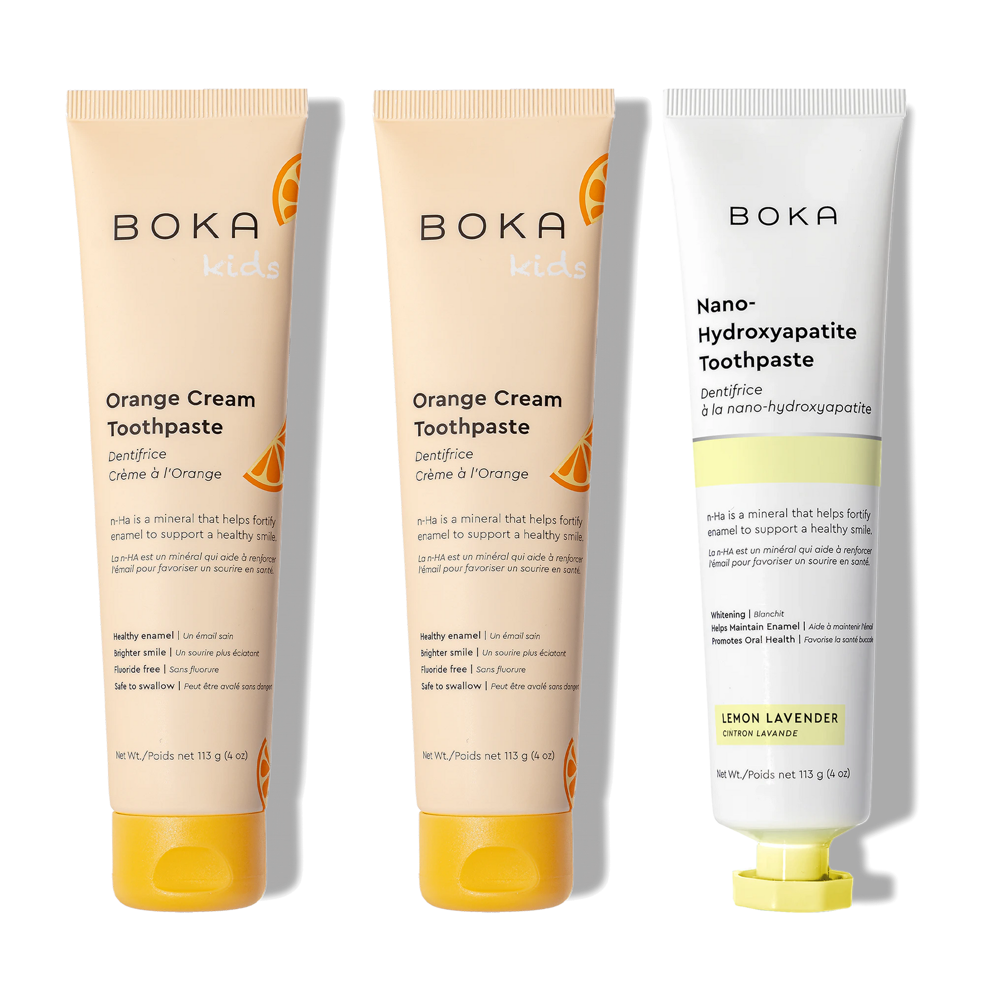 Three bottles of Boka Nano-Hydroxyapatite Toothpaste on a white background