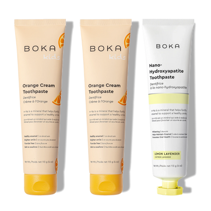 Three bottles of Boka Nano-Hydroxyapatite Toothpaste on a white background