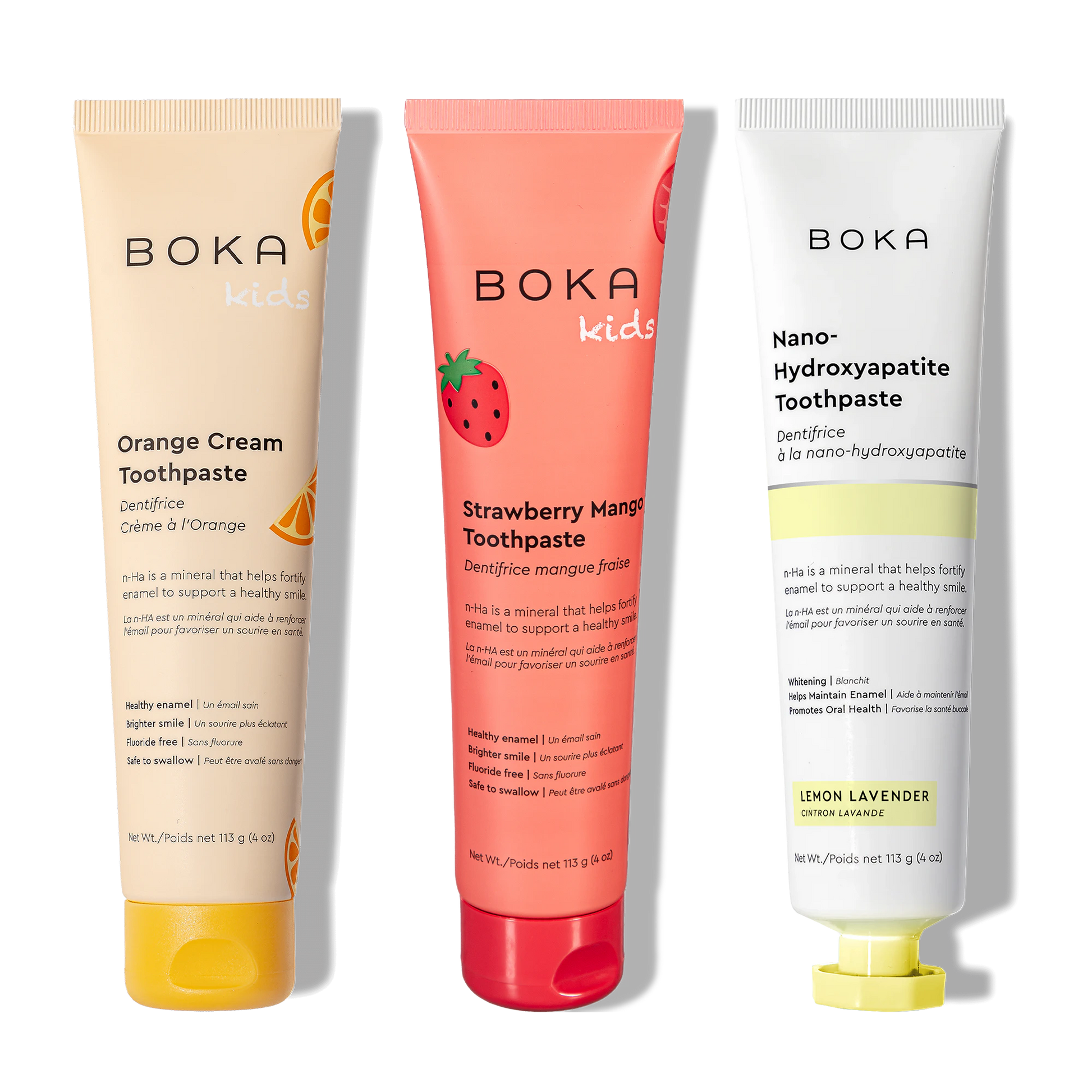 Three bottles of Boka Nano-Hydroxyapatite Toothpaste on a white background