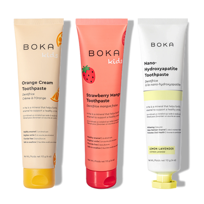 Three bottles of Boka Nano-Hydroxyapatite Toothpaste on a white background