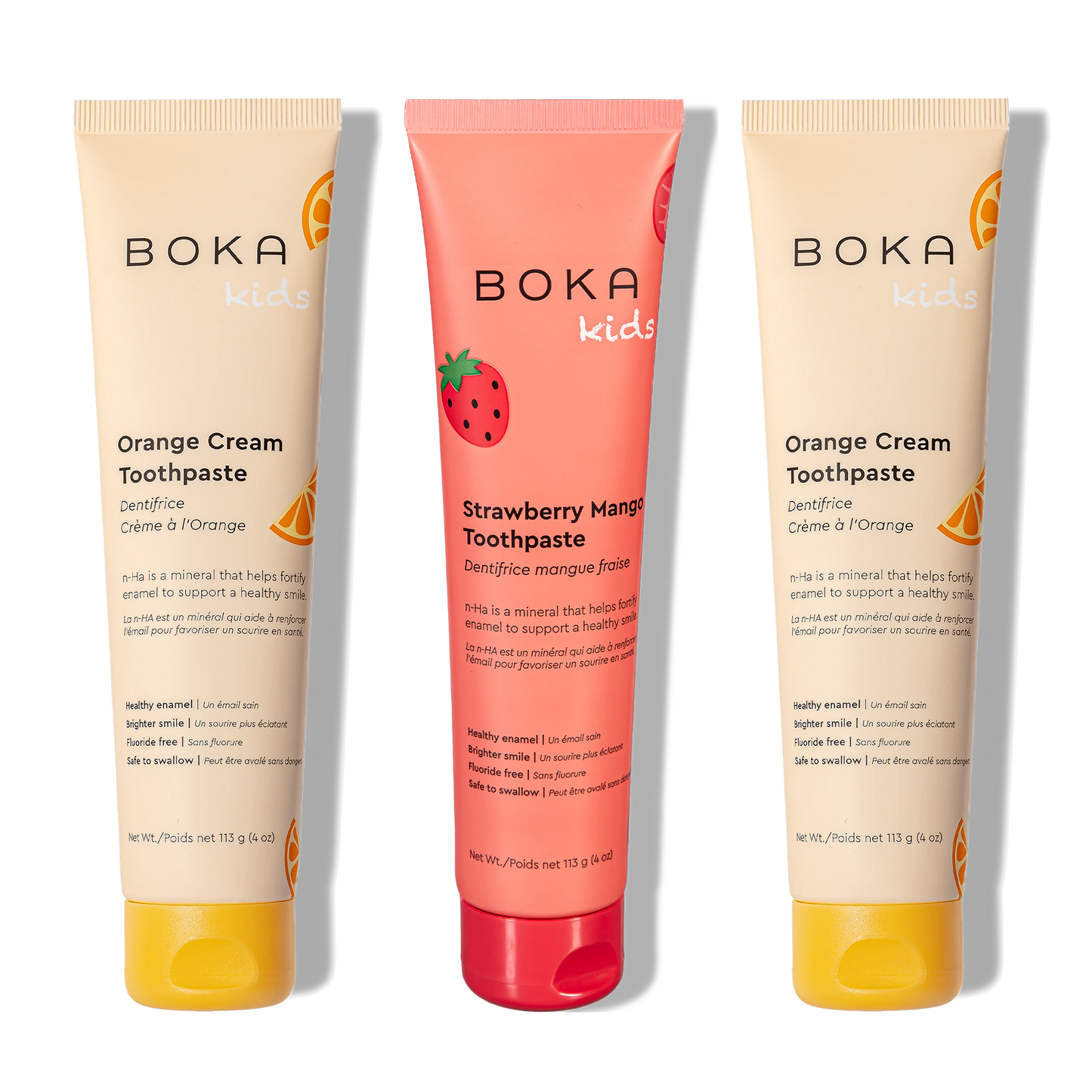 Three bottles of Boka Nano-Hydroxyapatite Toothpaste on a white background