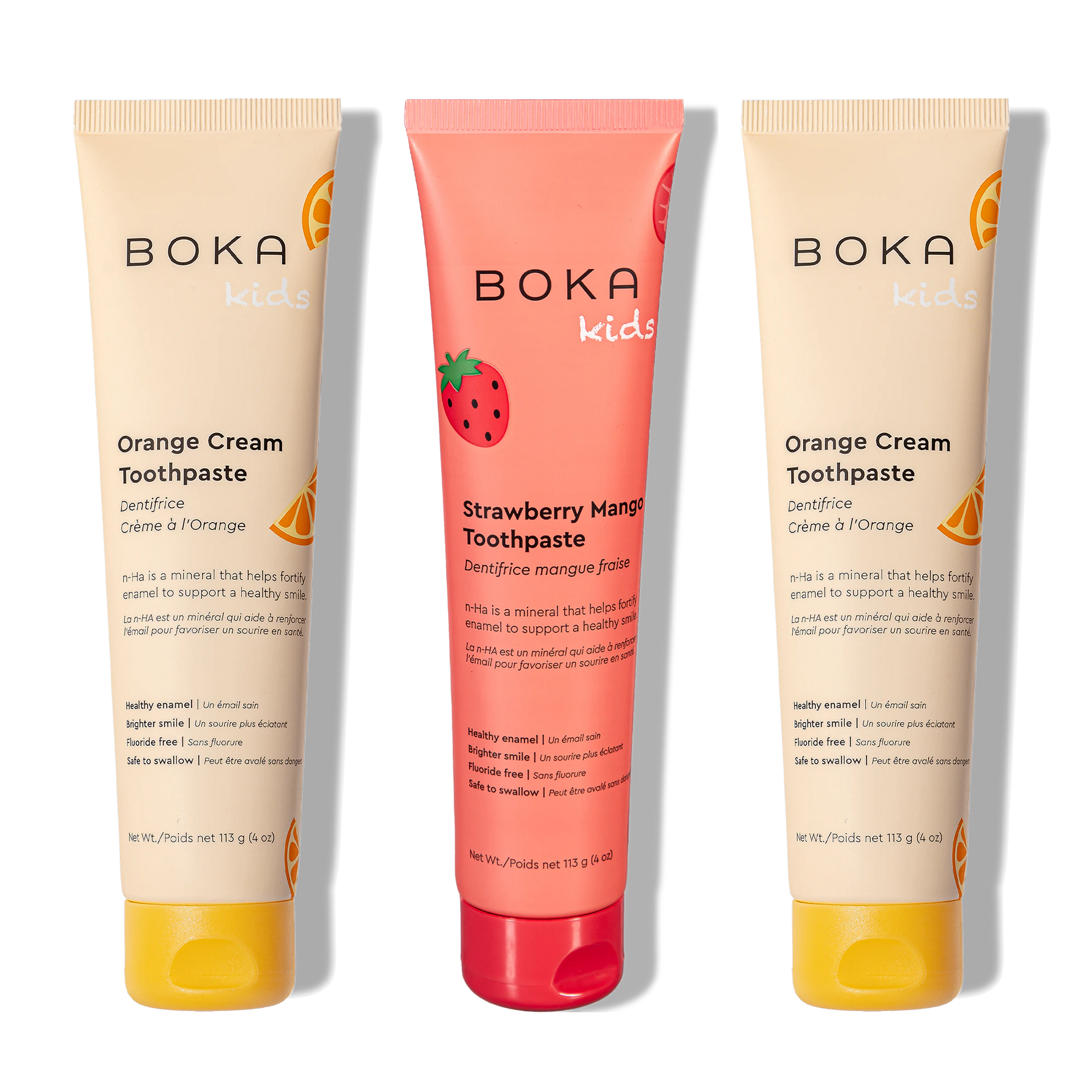 Three bottles of Boka Nano-Hydroxyapatite Toothpaste on a white background