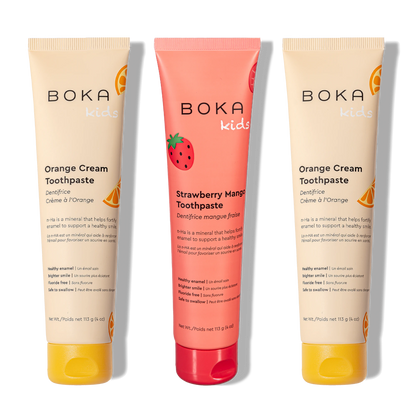 Three bottles of Boka Nano-Hydroxyapatite Toothpaste on a white background