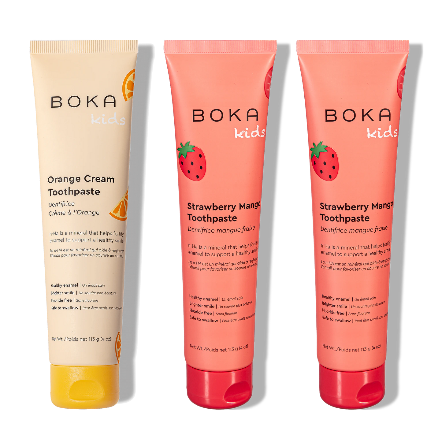 Three bottles of Boka Nano-Hydroxyapatite Toothpaste on a white background