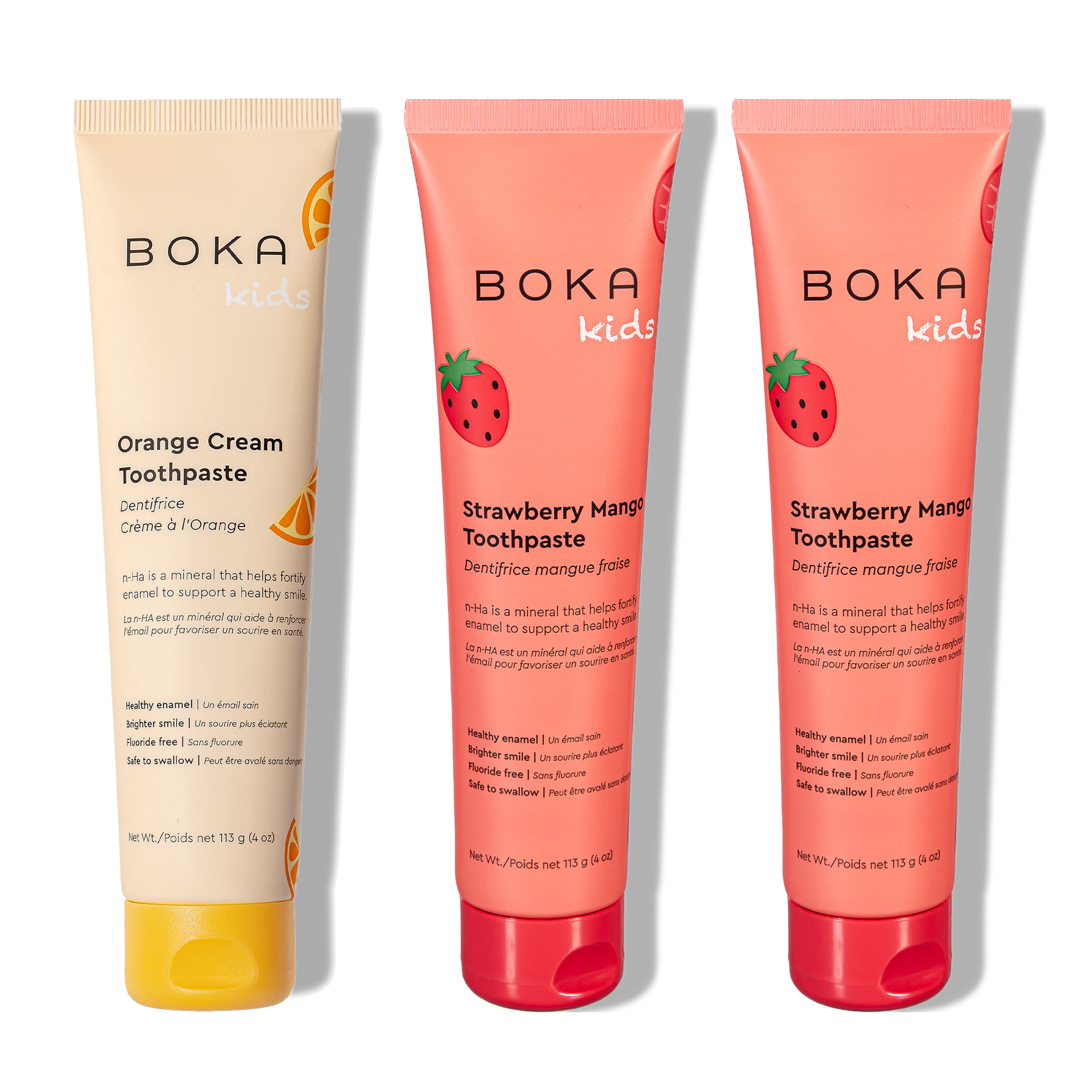 Three bottles of Boka Nano-Hydroxyapatite Toothpaste on a white background