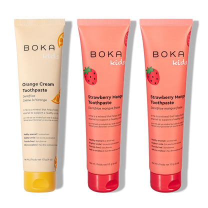 Three bottles of Boka Nano-Hydroxyapatite Toothpaste on a white background