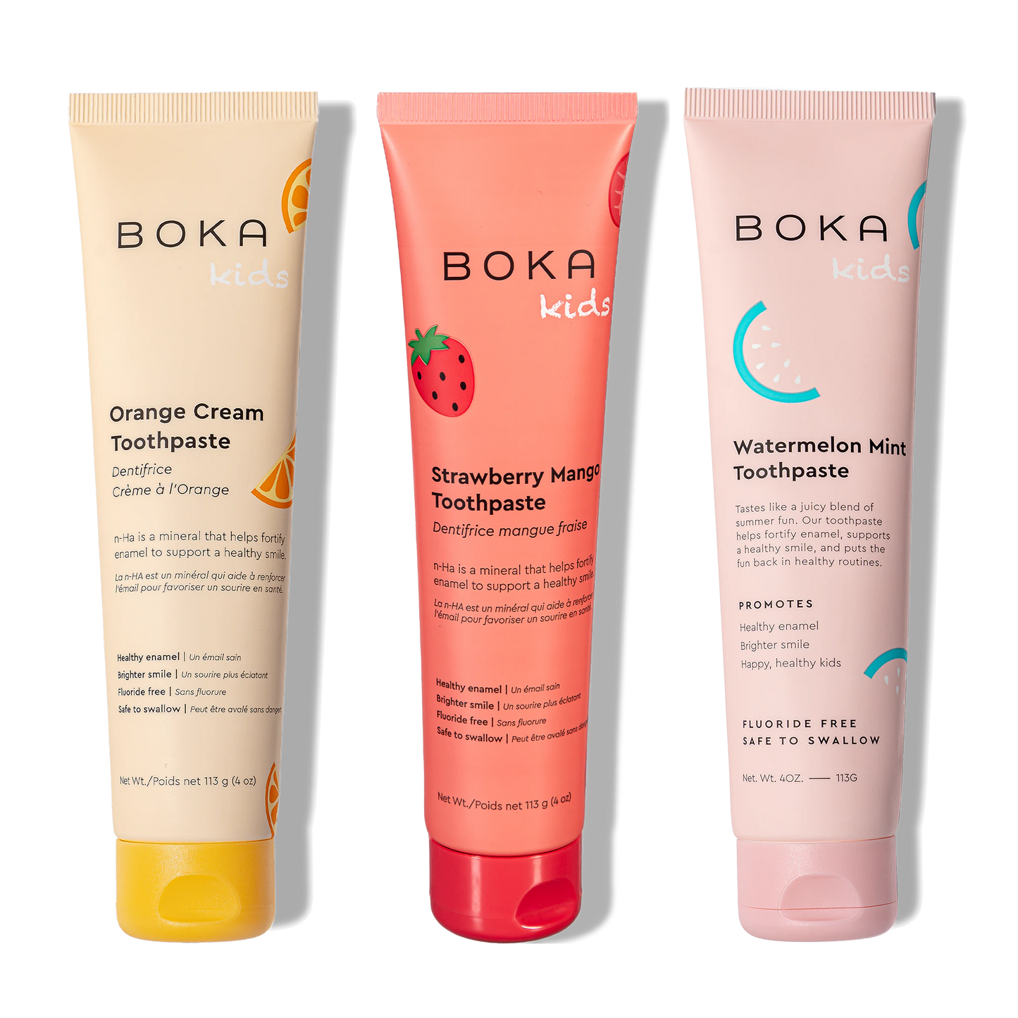 Three bottles of Boka Nano-Hydroxyapatite Toothpaste on a white background