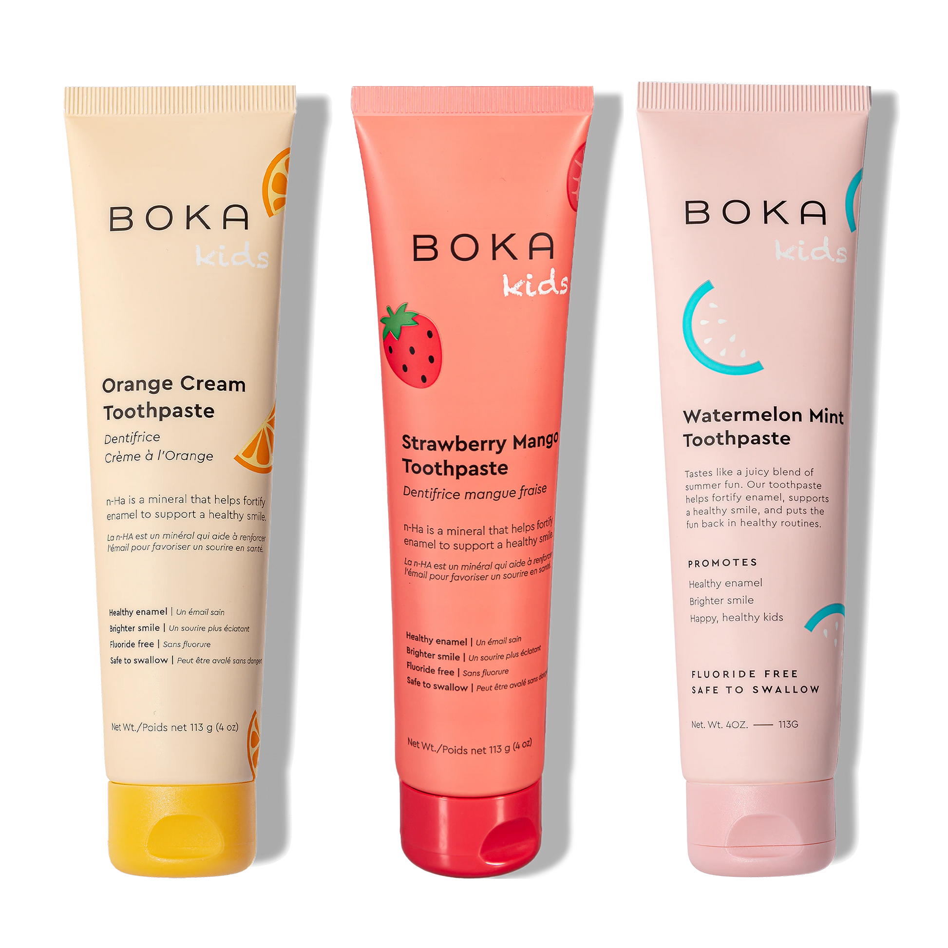 Three bottles of Boka Nano-Hydroxyapatite Toothpaste on a white background