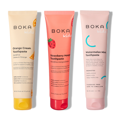 Three bottles of Boka Nano-Hydroxyapatite Toothpaste on a white background