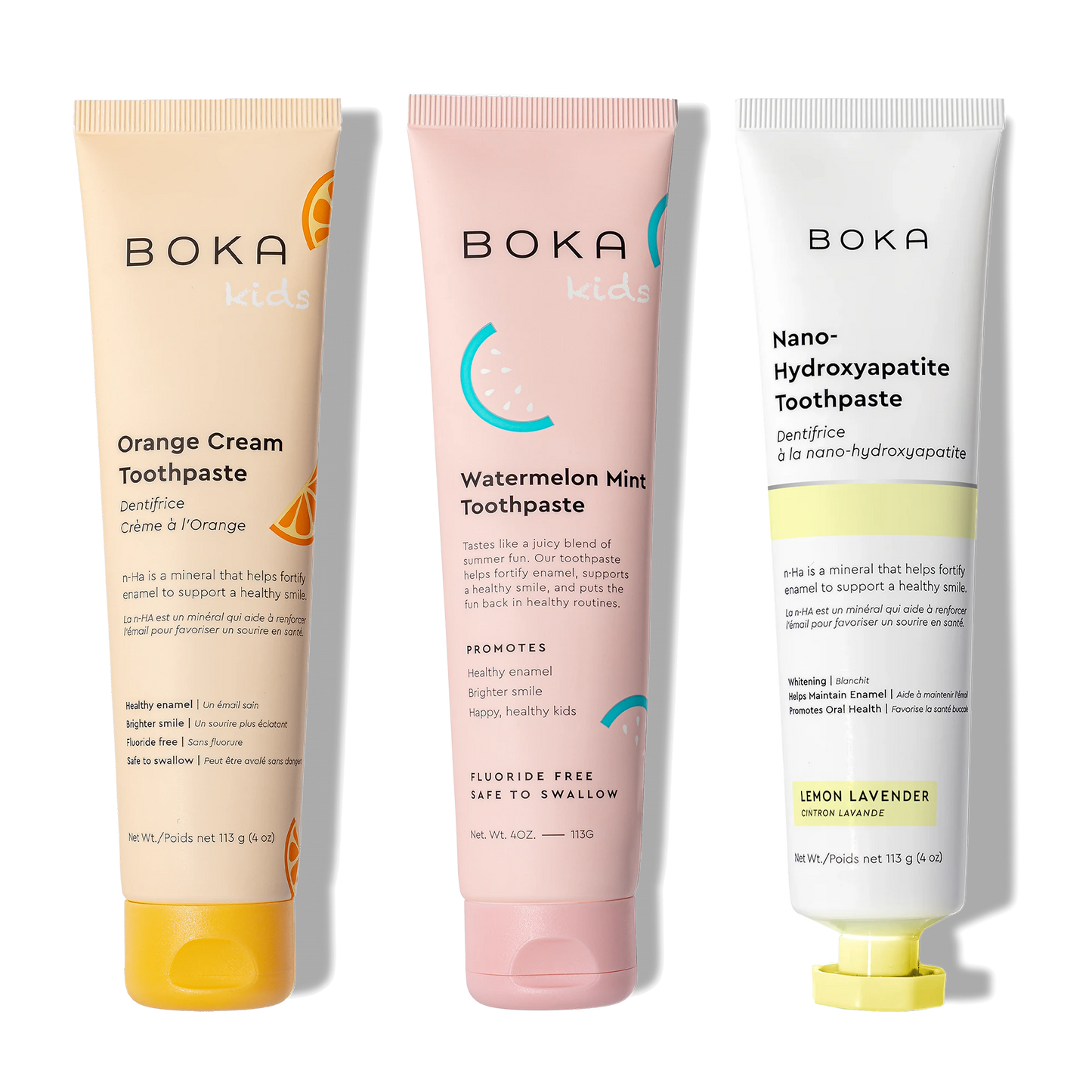 Three bottles of Boka Nano-Hydroxyapatite Toothpaste on a white background