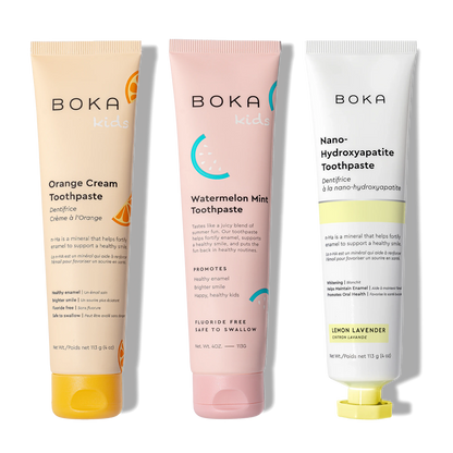 Three bottles of Boka Nano-Hydroxyapatite Toothpaste on a white background