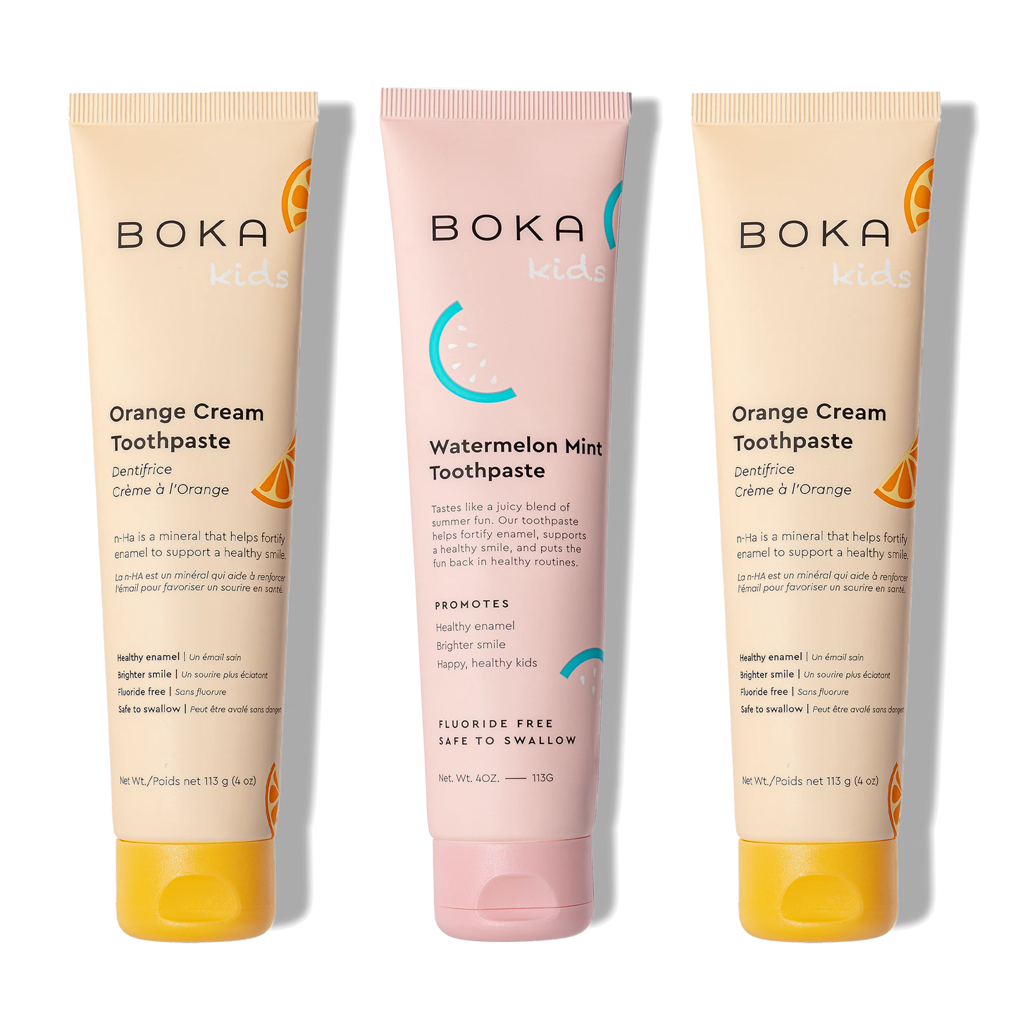 Three bottles of Boka Nano-Hydroxyapatite Toothpaste on a white background