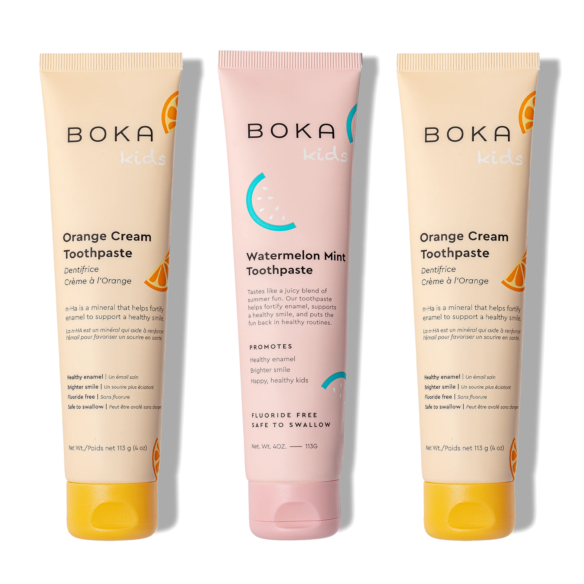 Three bottles of Boka Nano-Hydroxyapatite Toothpaste on a white background