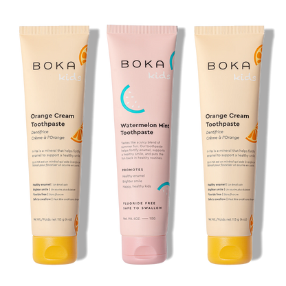 Three bottles of Boka Nano-Hydroxyapatite Toothpaste on a white background