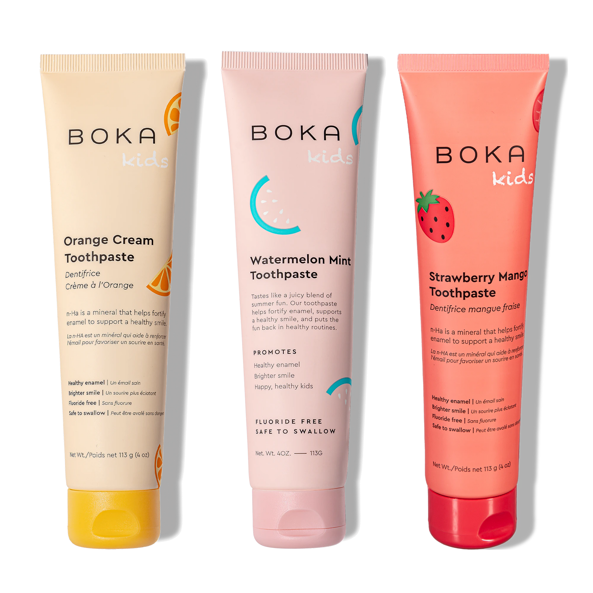 Three bottles of Boka Nano-Hydroxyapatite Toothpaste on a white background