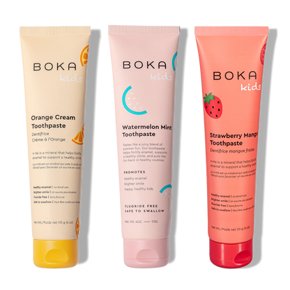 Three bottles of Boka Nano-Hydroxyapatite Toothpaste on a white background