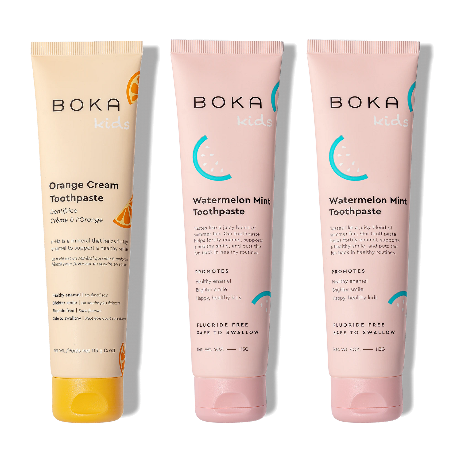 Three bottles of Boka Nano-Hydroxyapatite Toothpaste on a white background