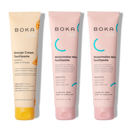 Three bottles of Boka Nano-Hydroxyapatite Toothpaste on a white background