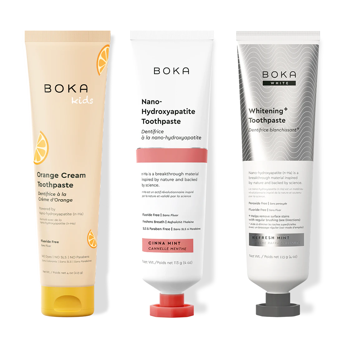 Three bottles of Boka Nano-Hydroxyapatite Toothpaste on a white background