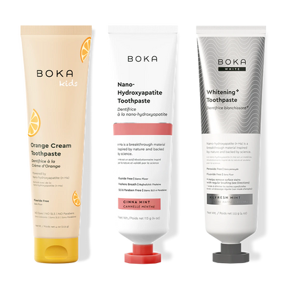Three bottles of Boka Nano-Hydroxyapatite Toothpaste on a white background