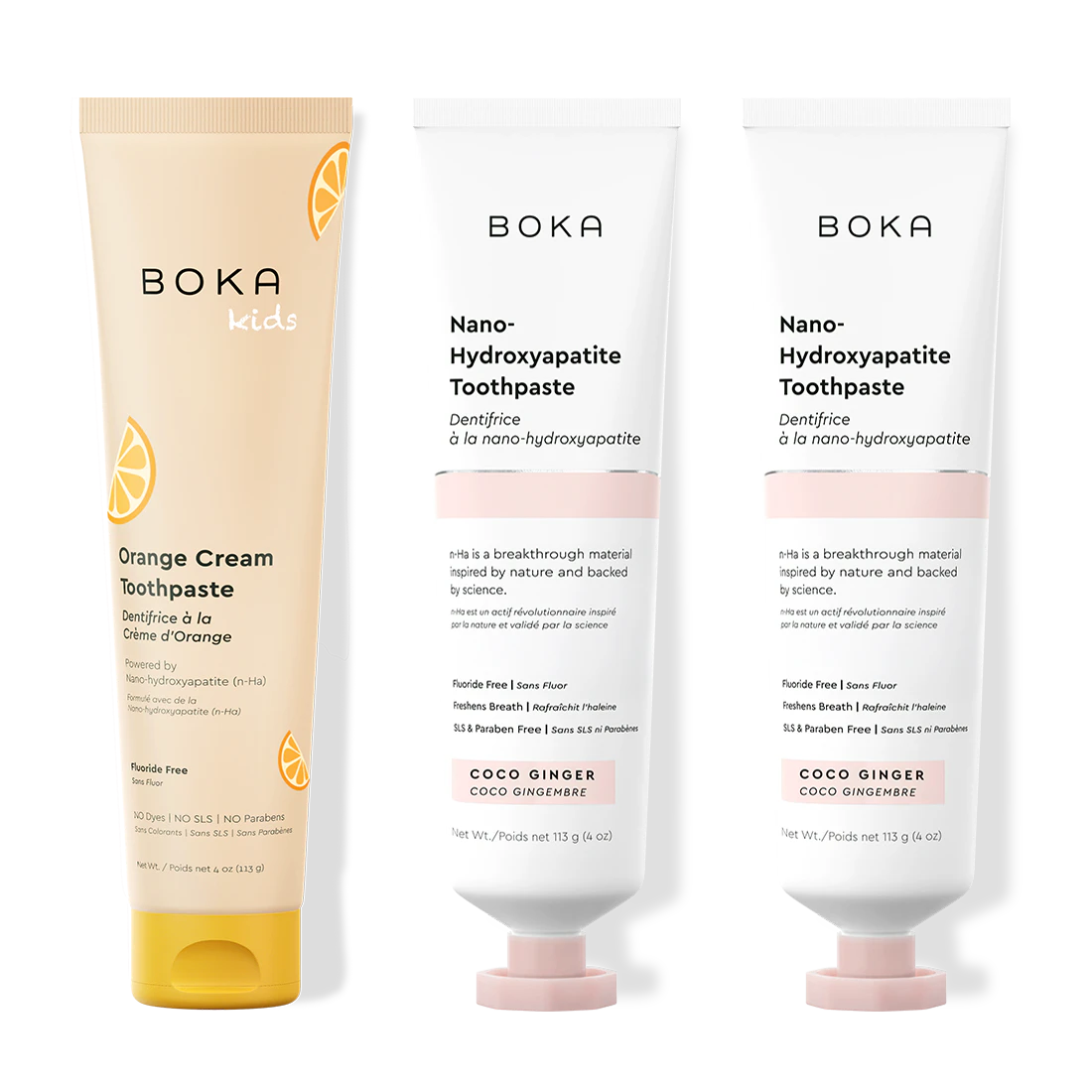 Three bottles of Boka Nano-Hydroxyapatite Toothpaste on a white background