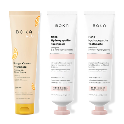 Three bottles of Boka Nano-Hydroxyapatite Toothpaste on a white background