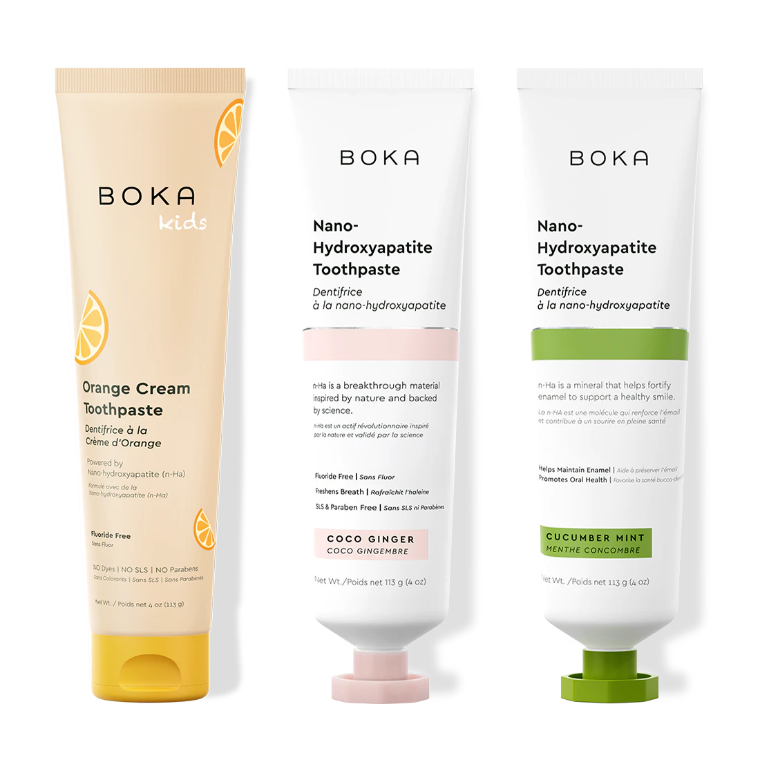 Three bottles of Boka Nano-Hydroxyapatite Toothpaste on a white background