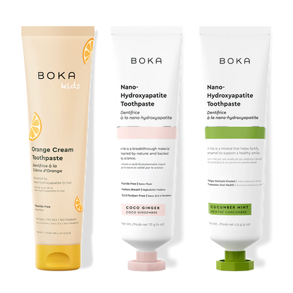 Three bottles of Boka Nano-Hydroxyapatite Toothpaste on a white background
