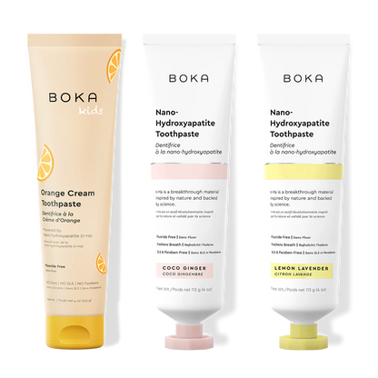Three bottles of Boka Nano-Hydroxyapatite Toothpaste on a white background