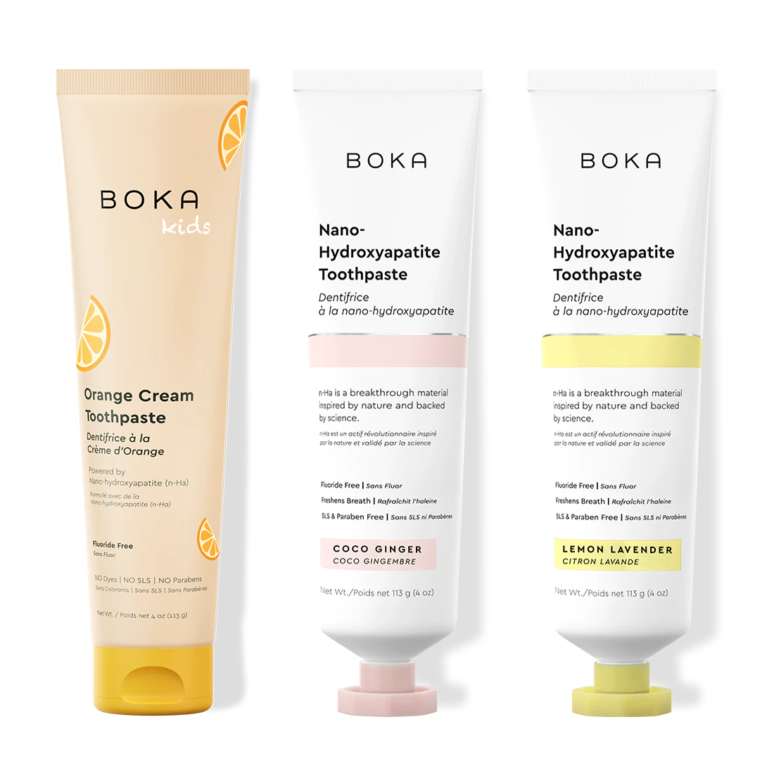 Three bottles of Boka Nano-Hydroxyapatite Toothpaste on a white background