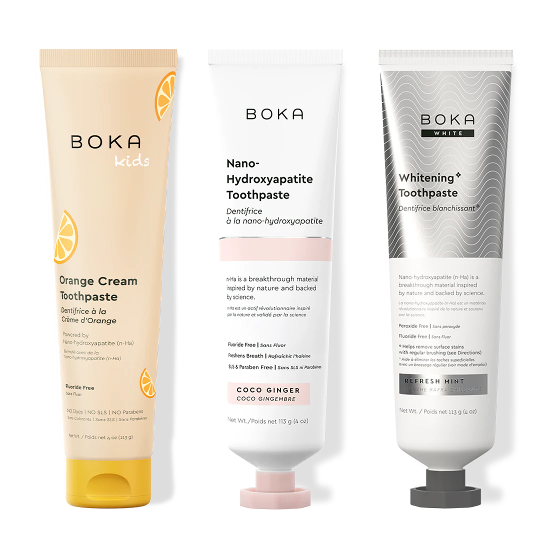 Three bottles of Boka Nano-Hydroxyapatite Toothpaste on a white background